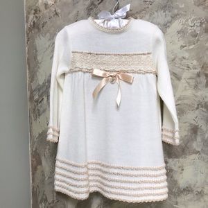 NWT Foque , Knitted Long Sleeve dress, button closure at back. Size 36 months.